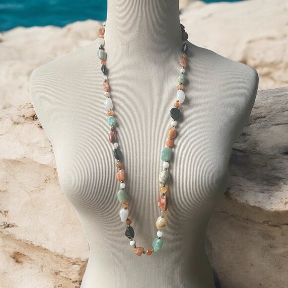Chunky Earth’s Palette Crystal Gemstone Vintage Necklace Agate Jasper Quartz 32” - Picture 1 of 6